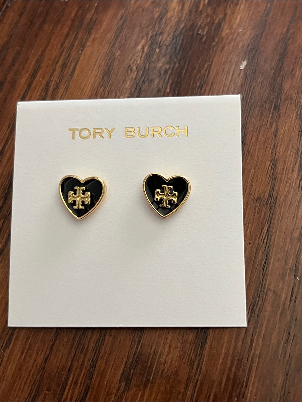 Tory Burch Gold-Tone Heart Logo Earrings with Black Enamel